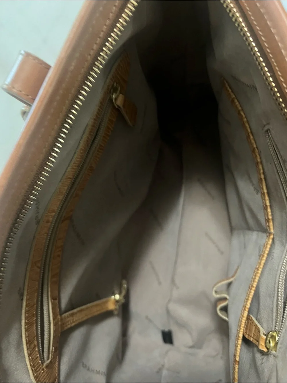 Brahmin Medium Arno Zip Top Tote Bag  Tan Beaumont With Metallic Gold Accents
